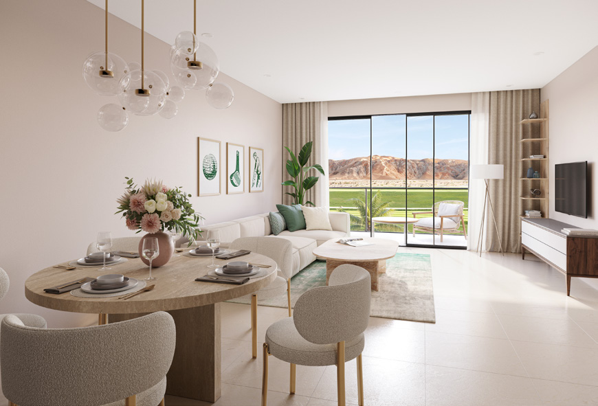 Solaris – living and dining with golf course view